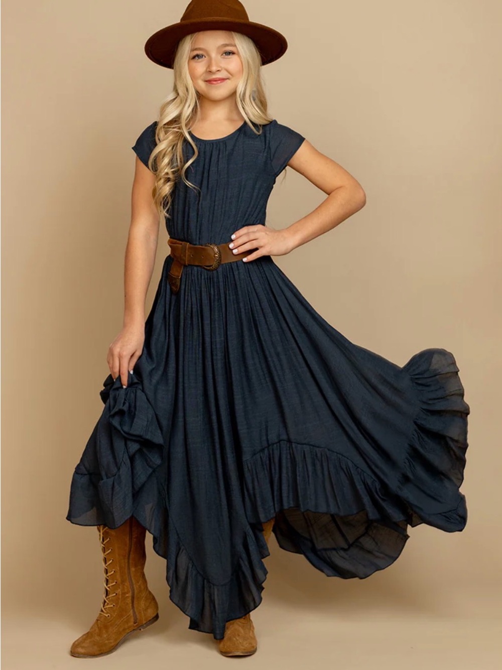 Joyfolie Navy Blue Boho Maxi Dress with Short Sleeves